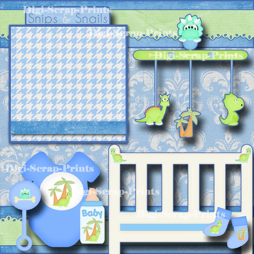 BABY BOY 2 páginas de álbum de recortes prefabricadas piezas de papel DIGISCRAP DINOSAURIO #A0029 Foto 4 de 4