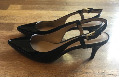 black leather slingback kitten heels