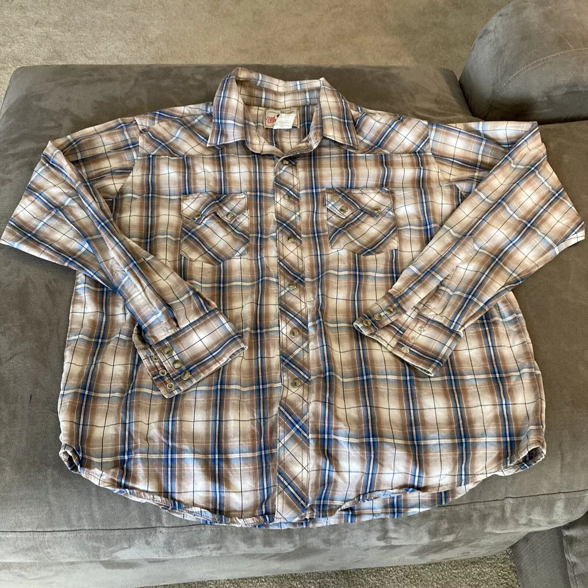 Vintage Wrangler Western Shirt Pearl Snap Brown Blue Cowboy 90s