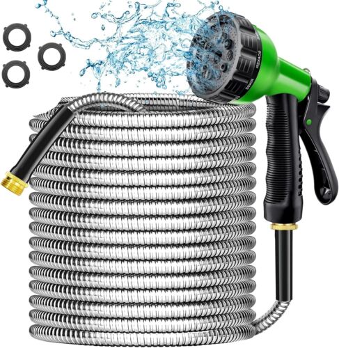 Garden Hose 100 ft - Stainless Steel Water Hose 100ft with 10 Function Nozzle, N