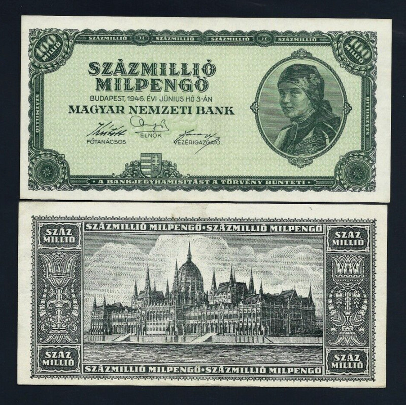 Hungary 100,000,000,000,000 P-130 1946 Szazmillio Mil Pengo AUNC Hungarian NOTE