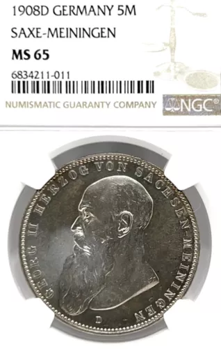 Germany Saxe-Meiningen 1908 D 5 Mark Coin Thaler Taler NGC MS 65 STG UNC TOP POP