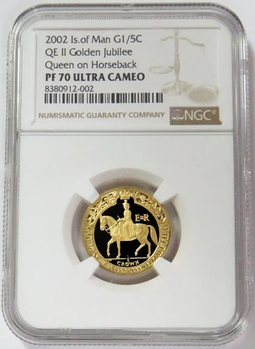 2002 GOLD 500 MINTED ISLE OF MAN 1/5oz CROWN GOLDEN JUBILEE NGC PROOF 70 UC