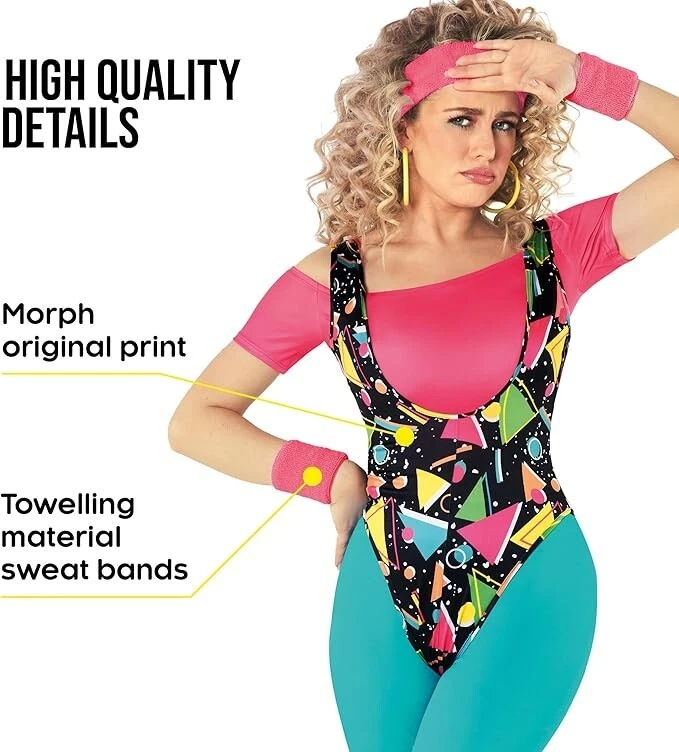 80er Jahre Aerobic Kostüm Damen Neon Fitness Body Outfit Karneval Retro S - 2XL - Bild 4 von 4