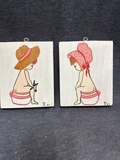 Vintage 1987 Whimsical Hand Painted Boy & Girl Hand Crafted Art Paintings Signed