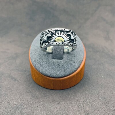 925 Sterling Silver Men s Ring   Rising Sun with Eagles, Solid Wide Band