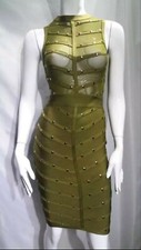 New Army Green Sleeveless Rayon Studded Rivet Mesh Beaded Women Dress Size S