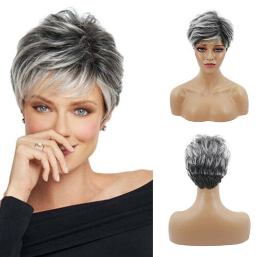 Pixie Short Cut Wig with Bangs for Women Black Gray Mixed Fiber Hair Wig Fashion - Picture 11 of 15