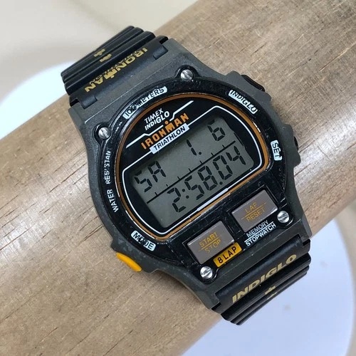 Vtg Timex Ironman Triathlon Men 8-Lap Rubber Quartz Digital 39mm Watch 7 3/4"