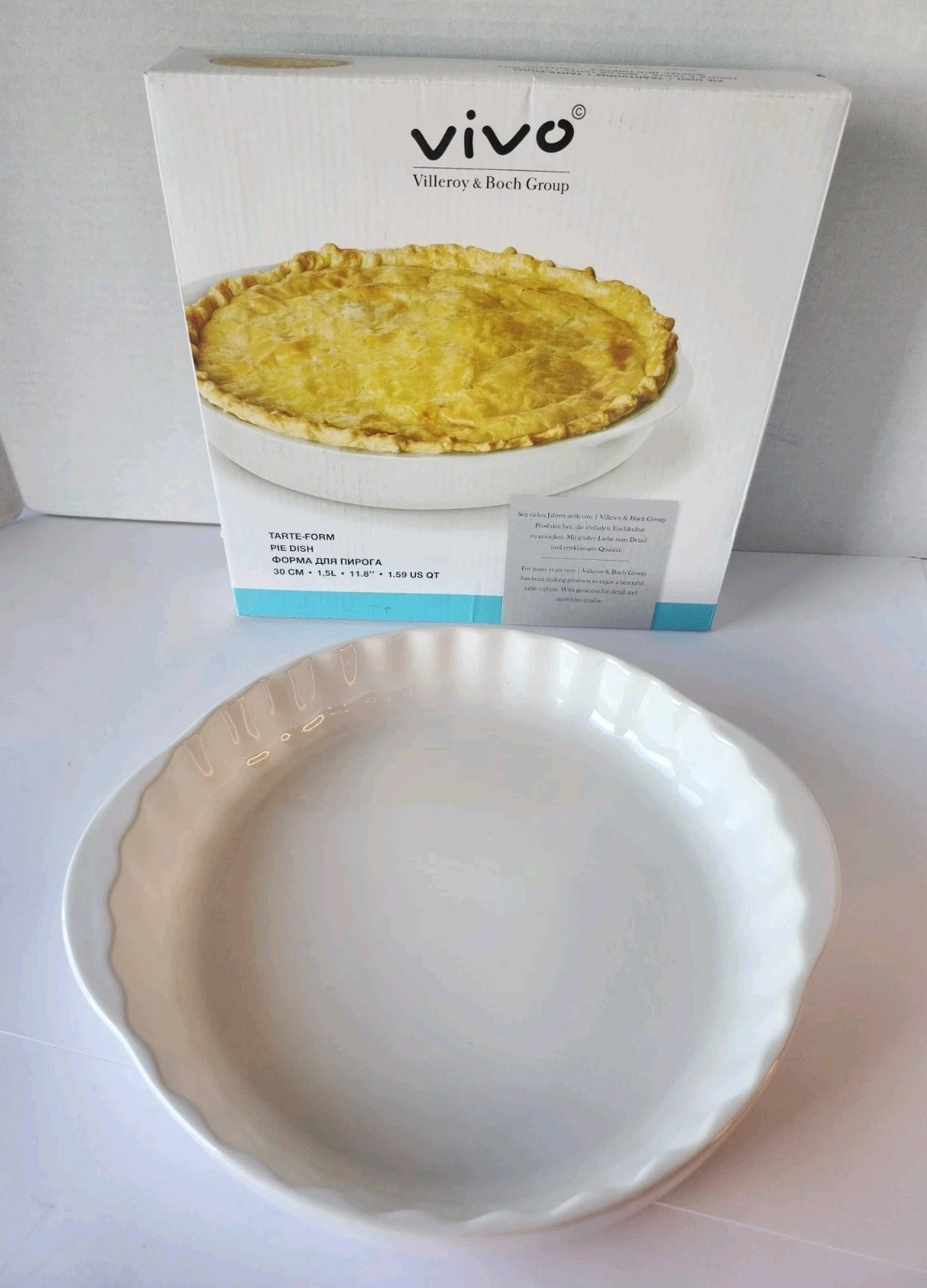 Vivo Villeroy & Boch White Ceramic Pie Dish 11.8” Fluted Tart Pan Baker NIB
