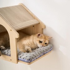 Natural Wood Cat Wall Shelves Bed, 2-Pack, Wall-Mounted Box Condo House Perch