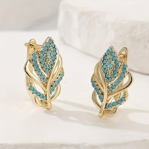 Authentic Gold Plated Elegant Leaf-Shaped Earrings, Lab Created Turquoise