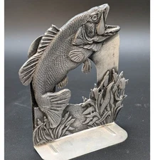 Vintage Bass Bookend Metal Silver tone Pewter Fish Cattail Cabin Rustic Man Cave