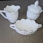 Vintage Hobnail Milk Glass Ruffled Edge Open Sugar, Creamer, And Covered Jar Set