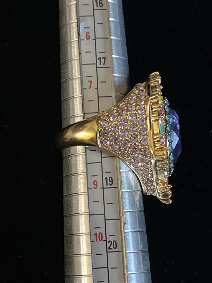 AKKAD большой золотой тон многоцветный кристалл заявление кольцо желтый синий зеленый размер 8 - Изображение 3 из 4