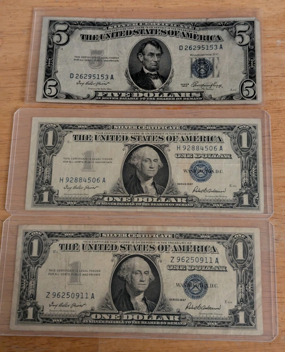 Lot Of 5 Silver Certificate $1 Bills - 1935 & 1957 Dates, Circulated, Collectible