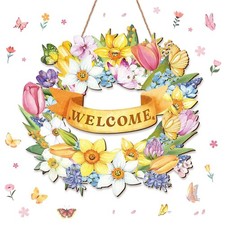 Spring Door Sign, 11.5" Flower Welcome Spring Door Hanger Decor for Front Doo...