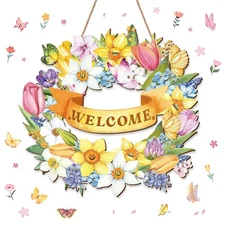 Spring Door Sign, 11.5" Flower Welcome Spring Door Hanger Decor for Front Doo...