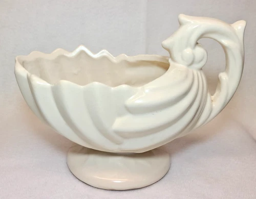 Vintage McCoy White Shell/Cornucopia Planter w/ Handle & Pedestal, 1941-