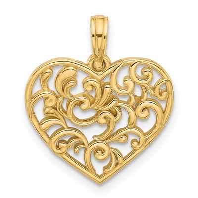 14K Gelbgold poliert ausgefallener Wirbel filigran Herz Charm Anhänger 1,82gm