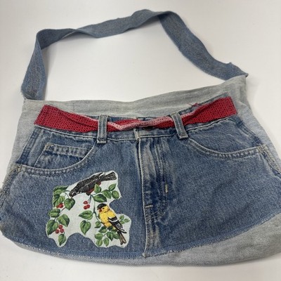 Denim Blue Jean Shoulder Bag Purse Western Retro Upcycled Boho Hippie Distressed