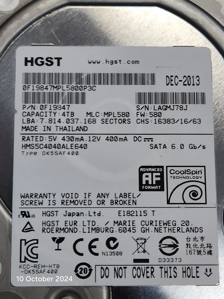HGST 4TB 3.5" SATA HDD - HMS5C4040ALE640, P/N: 0F19847, MLC: MPL580, F/W: 580 - Image 2 of 2