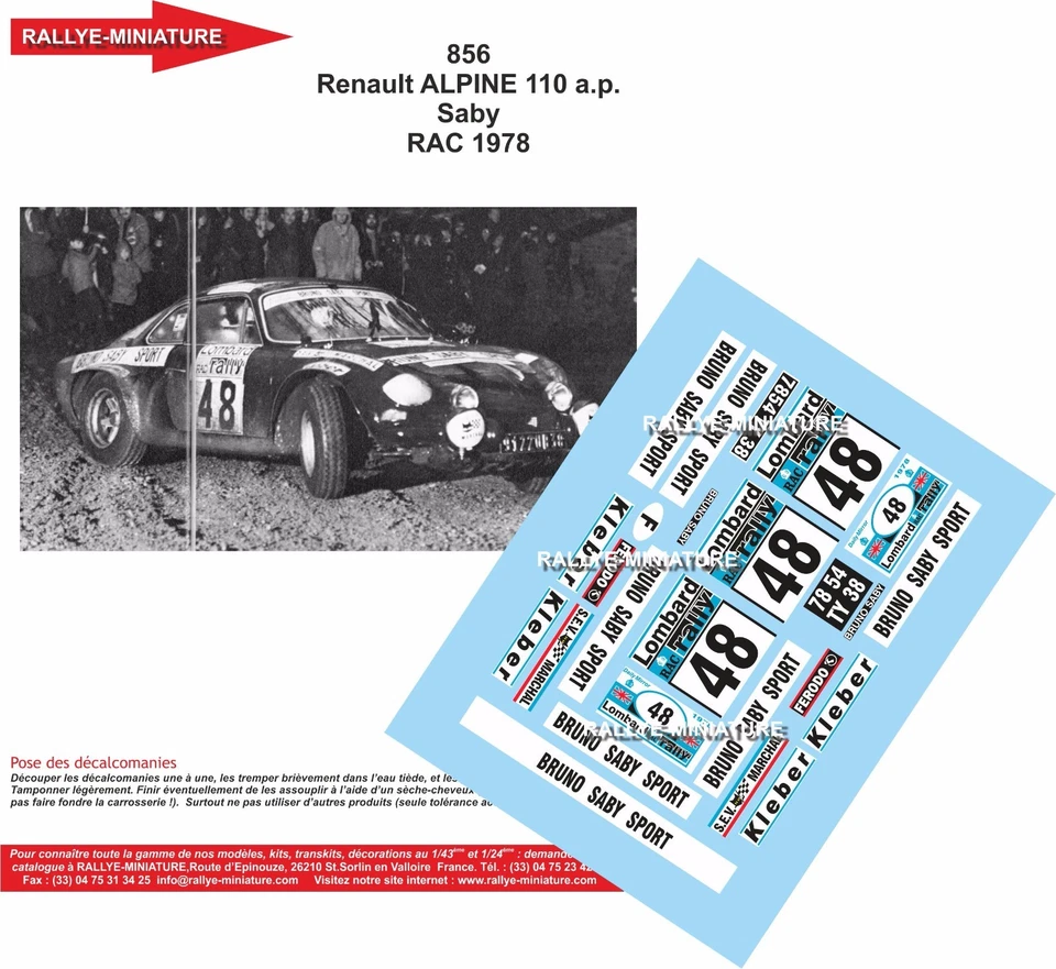 DECALS 1/32 REF 0856 ALPINE RENAULT A110 BRUNO SABY RAC RALLY 1978 RALLYE WRC - Photo 1/1