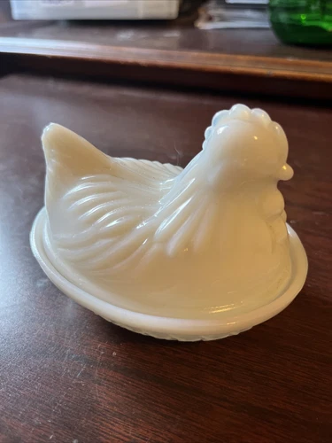 Vintage Hazel Atlas Hen On A Nest White Opaline Milk Glass Lidded Dish c. 1940s