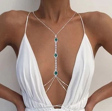 Green Crystal Chest Chain Harness Stainless Steel Belly Waist Chain Body Jewelry