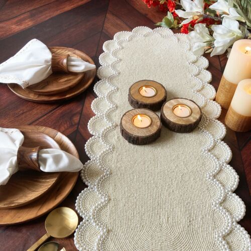 Handmade beaded runner table decoration White 13x60 / 13x70 inch options