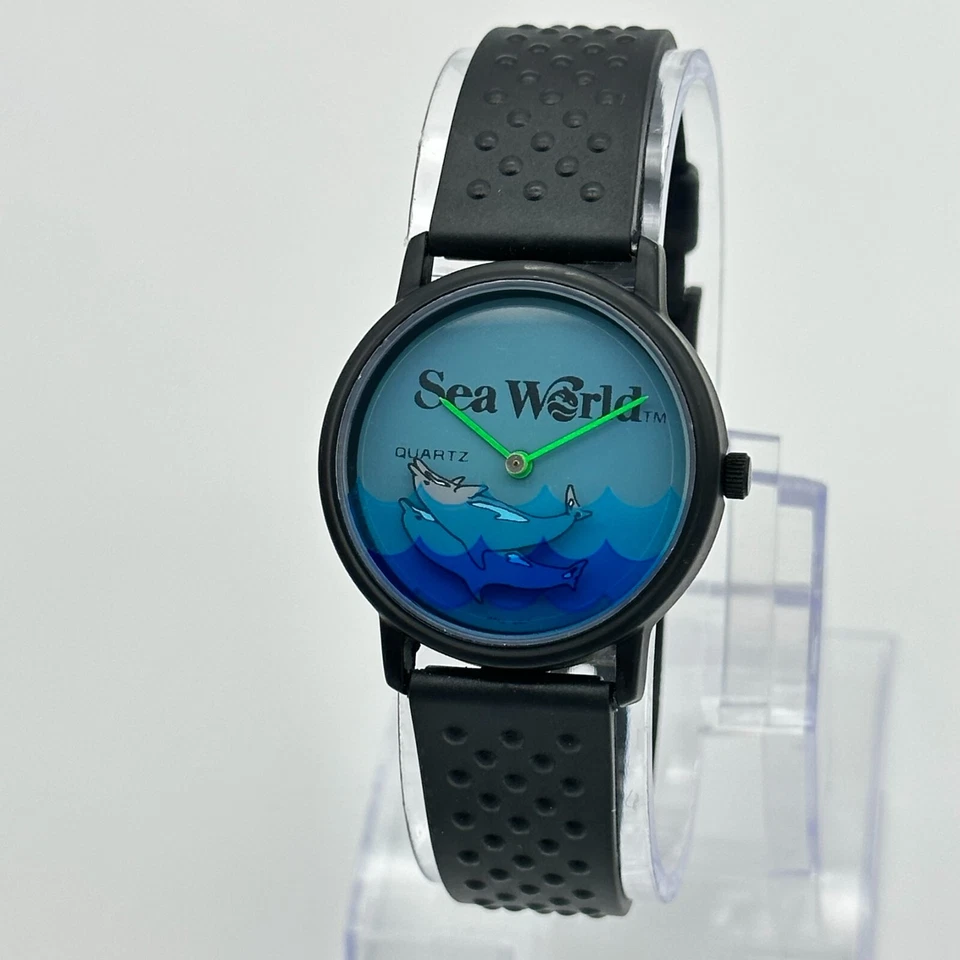 Винтажные 1990-е унисекс SEA WORLD плавания дельфины черный/синий загадочный циферблат часов - Изображение 2 из 4