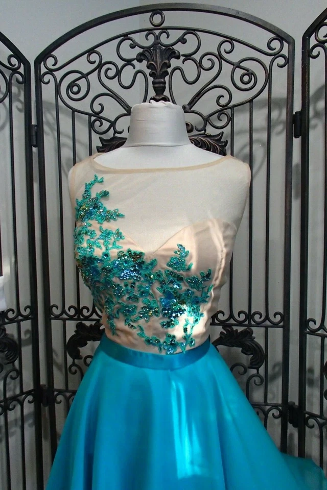 G2063) VESTIDO DE FIESTA RACHEL ALLAN 2779 AQUA $259 TALLA 12 CÓCTEL GRADUACIÓN Foto 3 de 4