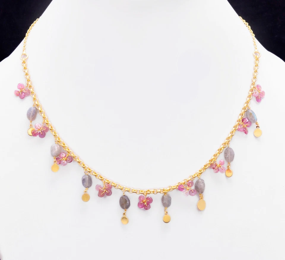 Pink tourmaline floral necklace beads-Labradorite gems 14k gold plated silver - Image 2 of 3