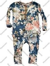 Posh Peanut EUC Blue/Blush Floral Ruffled Henley LS Bamboo Romper-0-3Mos
