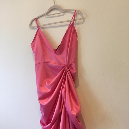 Ruched Ruffled Silky Bright Colourful Neon Pink Dress - Tag Size 10 - Picture 3 of 8