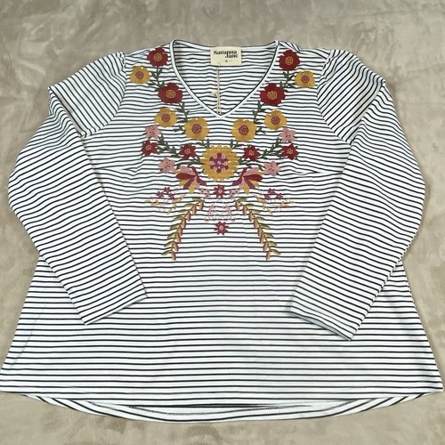 NWT Savanna Jane Womens Size 1X Striped Embroidered Flower LS V-Neck Shirt NEW