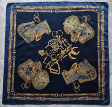 SCARF VINTAGE EQUESTRIAN ART ROYAL HORSE SADDLES BLUE BROWN SATIN 36" SQUARE