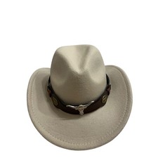 Western Cowboy Hat Faux Felt Leather Band Bull Head Accent Cream Beige