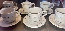 Set of 6 Longaberger Pottery Blue Woven Traditions Coffee Tea Cups w/Saucers