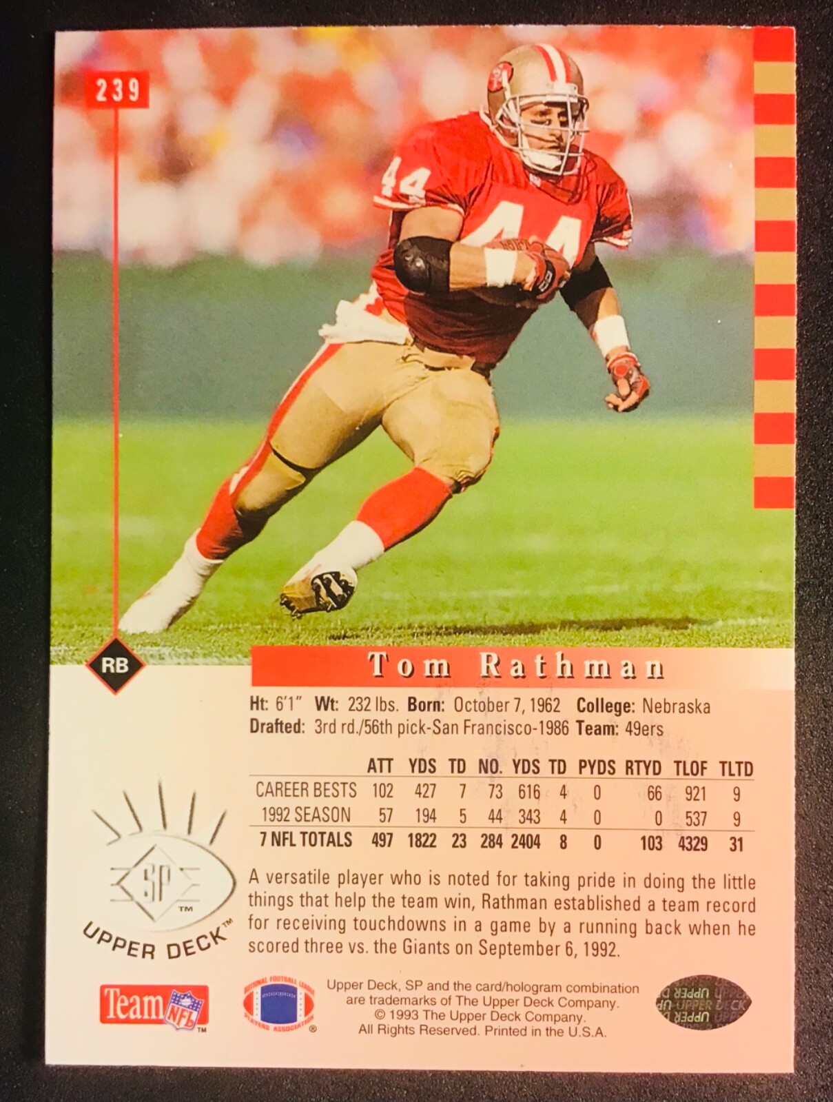 San Francisco 49ers TOM RATHMAN auto autographed signed 1993 Upper Deck ...