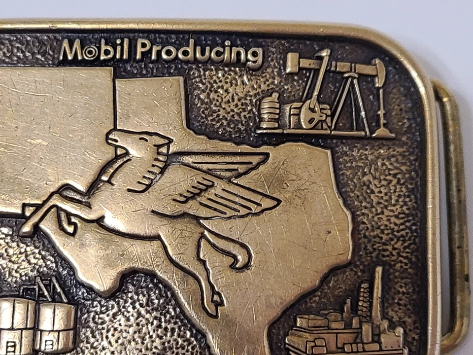 Hebilla de cinturón de latón macizo Mobil Oil Pegasus Texas y Nuevo México de colección BTS 1983 RARA Foto 4 de 4