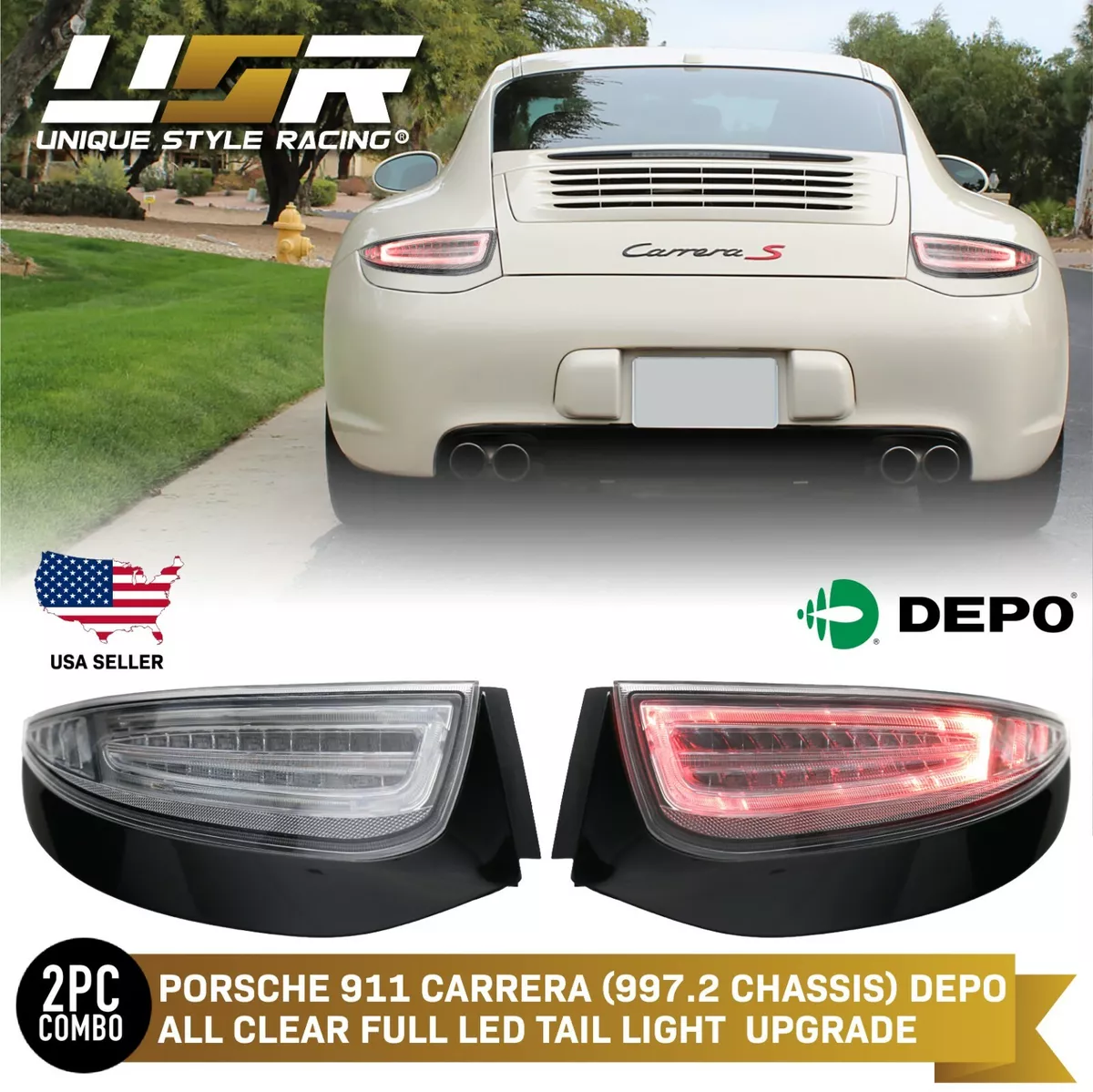 991 Style LED Light Bar ALL CLEAR Tail Light For 09-12 Porsche 911 Carrera  997