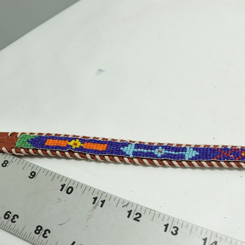 Vtg Thunderbird Beaded Belt L Multicolor Etched Leather Trim Native American Adj - Picture 8 of 14