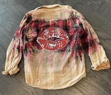 George Brand.  Womens Custom Bleach Plaid Grunge Flannel Button Down Tan/ Red M