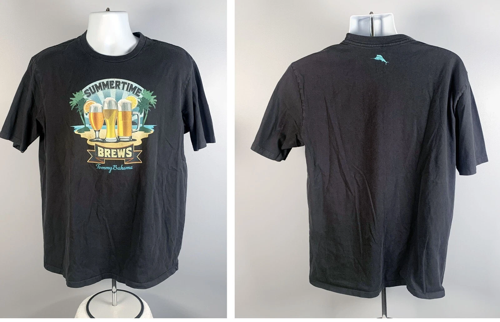 Tommy Bahama Summertime Brews Beer Palm Trees T Shirt Mens Large Gray UPF 30