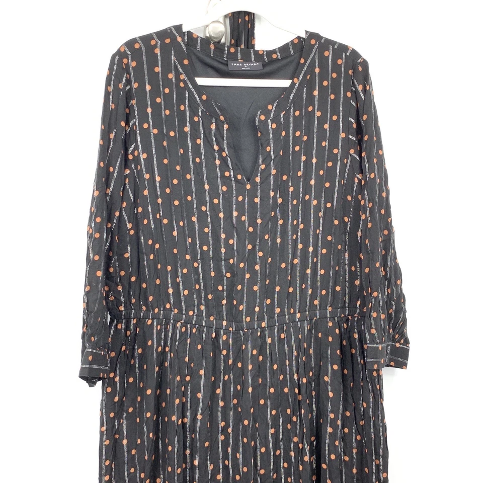 Vestido Lane Bryant Mujer Talla 20 Manga Larga Midi Negro Marrón Lunares Rayas Foto 2 de 4