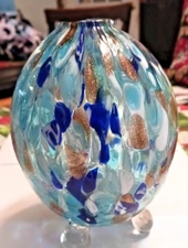 Splatter Art Glass Footed Bee Fly Catcher Paperweight Blues Metallic & Clr READ