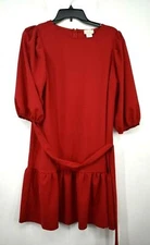 Love Ady Womens Elbow Sleeve Ruffle Hem Mini Dress Crew Neck Tie Waist Solid L