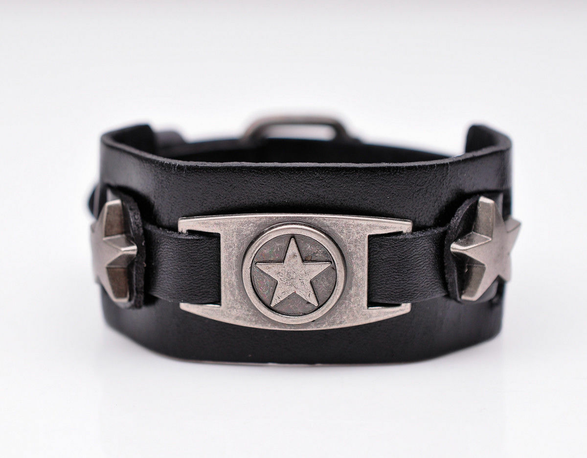 SG386 Black Cool Rock Biker Ranger Star Leather Bracelet