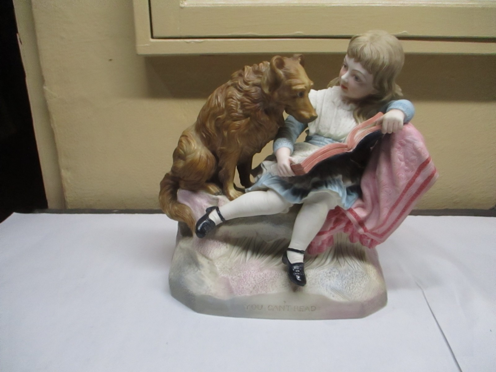 Antique Parian Ware  Hand Colored Figurine Victorian Girl & Her Dog  R & L